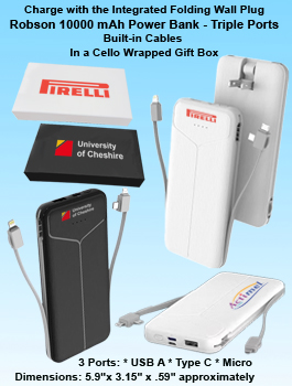 Robson 10000 mAh Power Bank - Triple Ports, Integrated Wall Plug, Built in Cables, in a Cello Wrappe
